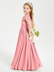 Abiti Damigella Junior In Chiffon Pizzo Maniche A Farfalla Scollo Rotondo Fenicottero