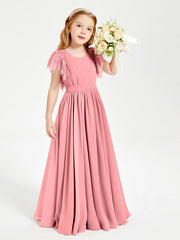 Abiti Damigella Junior In Chiffon Pizzo Maniche A Farfalla Scollo Rotondo Fenicottero