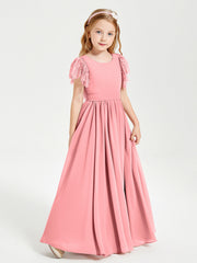 Abiti Damigella Junior In Chiffon Pizzo Maniche A Farfalla Scollo Rotondo Fenicottero