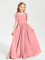 Abiti Damigella Junior In Chiffon Pizzo Maniche A Farfalla Scollo Rotondo Fenicottero