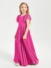 Abiti Damigella Junior In Chiffon Pizzo Maniche A Farfalla Scollo Rotondo Fucsia