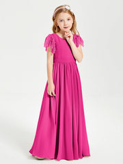 Abiti Damigella Junior In Chiffon Pizzo Maniche A Farfalla Scollo Rotondo Fucsia