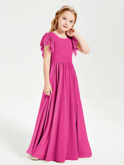 Abiti Damigella Junior In Chiffon Pizzo Maniche A Farfalla Scollo Rotondo Fucsia