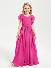Abiti Damigella Junior In Chiffon Pizzo Maniche A Farfalla Scollo Rotondo Fucsia