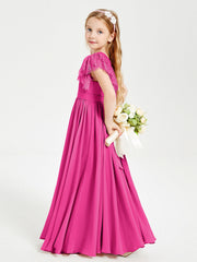 Abiti Damigella Junior In Chiffon Pizzo Maniche A Farfalla Scollo Rotondo Fucsia