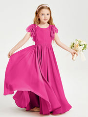 Abiti Damigella Junior In Chiffon Pizzo Maniche A Farfalla Scollo Rotondo Fucsia