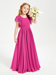 Abiti Damigella Junior In Chiffon Pizzo Maniche A Farfalla Scollo Rotondo Fucsia