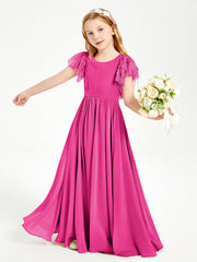 Abiti Damigella Junior In Chiffon Pizzo Maniche A Farfalla Scollo Rotondo Fucsia