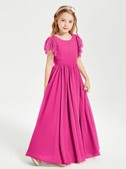 Abiti Damigella Junior In Chiffon Pizzo Maniche A Farfalla Scollo Rotondo Fucsia