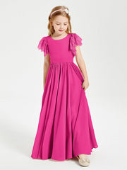 Abiti Damigella Junior In Chiffon Pizzo Maniche A Farfalla Scollo Rotondo Fucsia