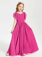 Abiti Damigella Junior In Chiffon Pizzo Maniche A Farfalla Scollo Rotondo Fucsia