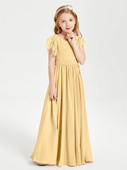 Abiti Damigella Junior In Chiffon Pizzo Maniche A Farfalla Scollo Rotondo Oro