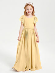 Abiti Damigella Junior In Chiffon Pizzo Maniche A Farfalla Scollo Rotondo Oro