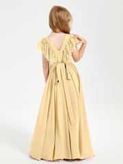 Abiti Damigella Junior In Chiffon Pizzo Maniche A Farfalla Scollo Rotondo Oro