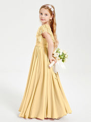 Abiti Damigella Junior In Chiffon Pizzo Maniche A Farfalla Scollo Rotondo Oro