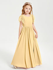 Abiti Damigella Junior In Chiffon Pizzo Maniche A Farfalla Scollo Rotondo Oro