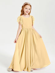 Abiti Damigella Junior In Chiffon Pizzo Maniche A Farfalla Scollo Rotondo Oro