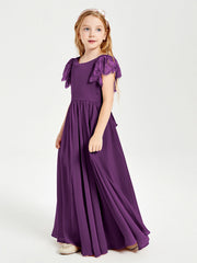 Abiti Damigella Junior In Chiffon Pizzo Maniche A Farfalla Scollo Rotondo Viola