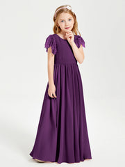 Abiti Damigella Junior In Chiffon Pizzo Maniche A Farfalla Scollo Rotondo Viola