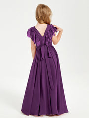 Abiti Damigella Junior In Chiffon Pizzo Maniche A Farfalla Scollo Rotondo Viola
