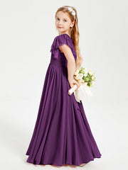 Abiti Damigella Junior In Chiffon Pizzo Maniche A Farfalla Scollo Rotondo Viola