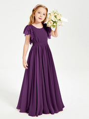 Abiti Damigella Junior In Chiffon Pizzo Maniche A Farfalla Scollo Rotondo Viola