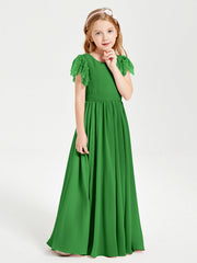 Abiti Damigella Junior In Chiffon Pizzo Maniche A Farfalla Scollo Rotondo Verde