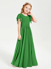 Abiti Damigella Junior In Chiffon Pizzo Maniche A Farfalla Scollo Rotondo Verde