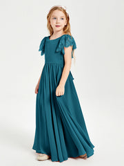 Abiti Damigella Junior In Chiffon Pizzo Maniche A Farfalla Scollo Rotondo Blu Inchiostro