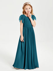 Abiti Damigella Junior In Chiffon Pizzo Maniche A Farfalla Scollo Rotondo Blu Inchiostro