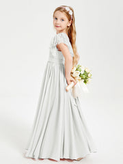Abiti Damigella Junior In Chiffon Pizzo Maniche A Farfalla Scollo Rotondo Avorio