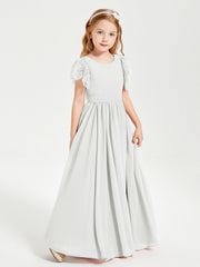 Abiti Damigella Junior In Chiffon Pizzo Maniche A Farfalla Scollo Rotondo Avorio