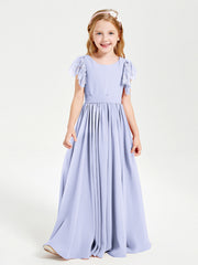 Abiti Damigella Junior In Chiffon Pizzo Maniche A Farfalla Scollo Rotondo Lavanda
