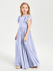 Abiti Damigella Junior In Chiffon Pizzo Maniche A Farfalla Scollo Rotondo Lavanda