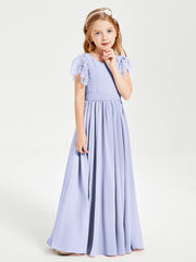 Abiti Damigella Junior In Chiffon Pizzo Maniche A Farfalla Scollo Rotondo Lavanda