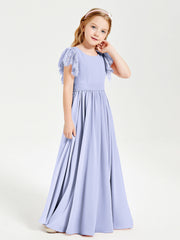 Abiti Damigella Junior In Chiffon Pizzo Maniche A Farfalla Scollo Rotondo Lavanda