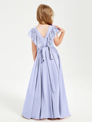 Abiti Damigella Junior In Chiffon Pizzo Maniche A Farfalla Scollo Rotondo Lavanda