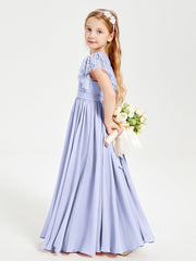 Abiti Damigella Junior In Chiffon Pizzo Maniche A Farfalla Scollo Rotondo Lavanda