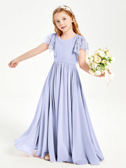 Abiti Damigella Junior In Chiffon Pizzo Maniche A Farfalla Scollo Rotondo Lavanda