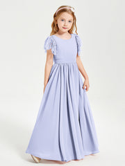 Abiti Damigella Junior In Chiffon Pizzo Maniche A Farfalla Scollo Rotondo Lavanda