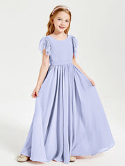 Abiti Damigella Junior In Chiffon Pizzo Maniche A Farfalla Scollo Rotondo Lavanda