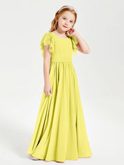 Abiti Damigella Junior In Chiffon Pizzo Maniche A Farfalla Scollo Rotondo Limone