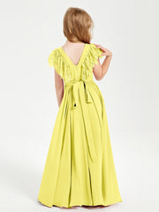 Abiti Damigella Junior In Chiffon Pizzo Maniche A Farfalla Scollo Rotondo Limone