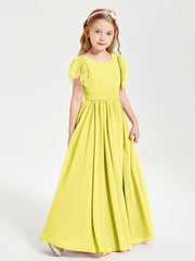 Abiti Damigella Junior In Chiffon Pizzo Maniche A Farfalla Scollo Rotondo Limone