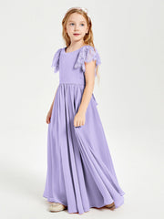 Abiti Damigella Junior In Chiffon Pizzo Maniche A Farfalla Scollo Rotondo Lilla