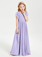 Abiti Damigella Junior In Chiffon Pizzo Maniche A Farfalla Scollo Rotondo Lilla