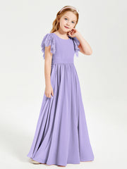 Abiti Damigella Junior In Chiffon Pizzo Maniche A Farfalla Scollo Rotondo Lilla