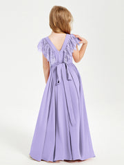 Abiti Damigella Junior In Chiffon Pizzo Maniche A Farfalla Scollo Rotondo Lilla