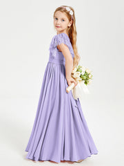 Abiti Damigella Junior In Chiffon Pizzo Maniche A Farfalla Scollo Rotondo Lilla