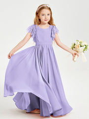 Abiti Damigella Junior In Chiffon Pizzo Maniche A Farfalla Scollo Rotondo Lilla